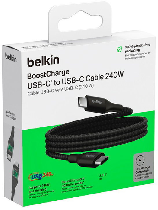 Кабель USB-C > USB-C заряджання/синхронізації Belkin 1м, 240Вт, Type-C, плетений, чорний