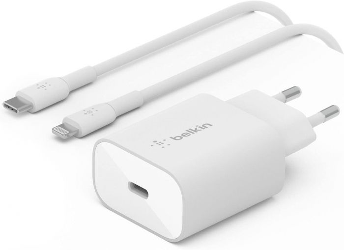 Зарядний пристрій мережевий Belkin 25Вт USB-С PD PPS, кабель USB-С > Lightning, 1м, PVC, білий