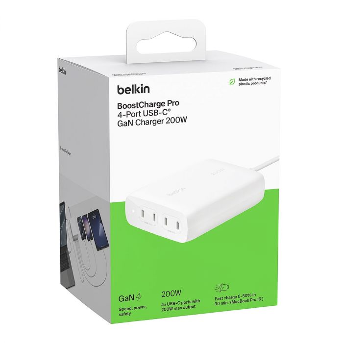 Зарядний пристрій мережевий Belkin 200Вт 4хUSB-С GAN PD PPS, білий