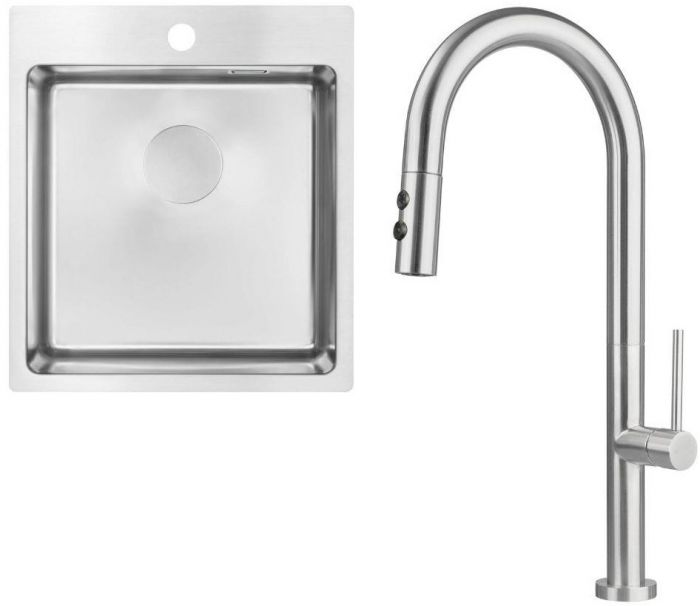 Набір для кухні Deante Olfato стальна мийка ZPO_010A + зміш. BQO_F72M, матова сталь