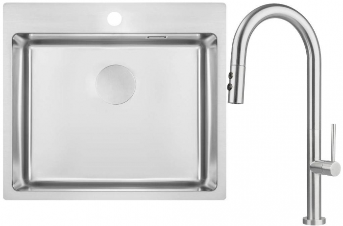Набір для кухні Deante Olfato стальна мийка ZPO_010B + зміш. BQO_F72M, матова сталь