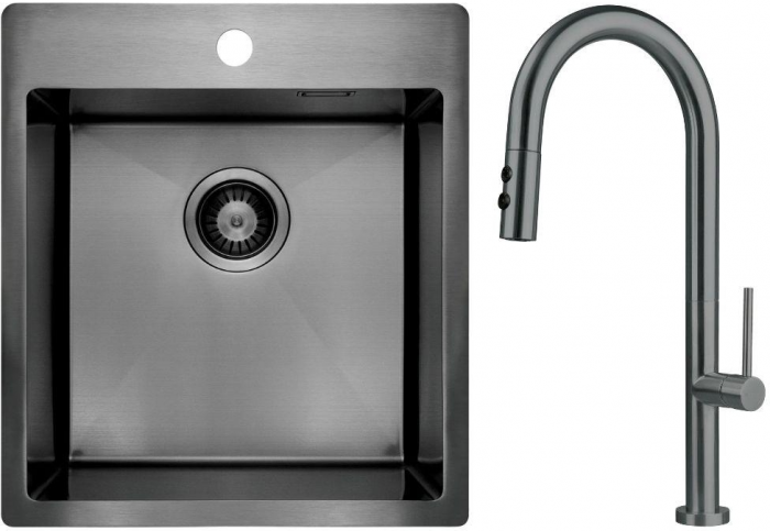 Набір для кухні Deante Olfato стальна мийка ZPO_D10A + зміш. BQO_D72M, титан