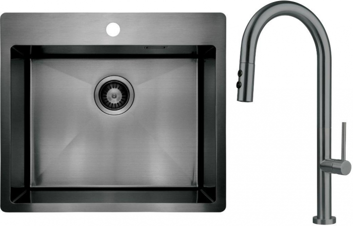 Набір для кухні Deante Olfato стальна мийка ZPO_D10B + зміш. BQO_D72M, титан