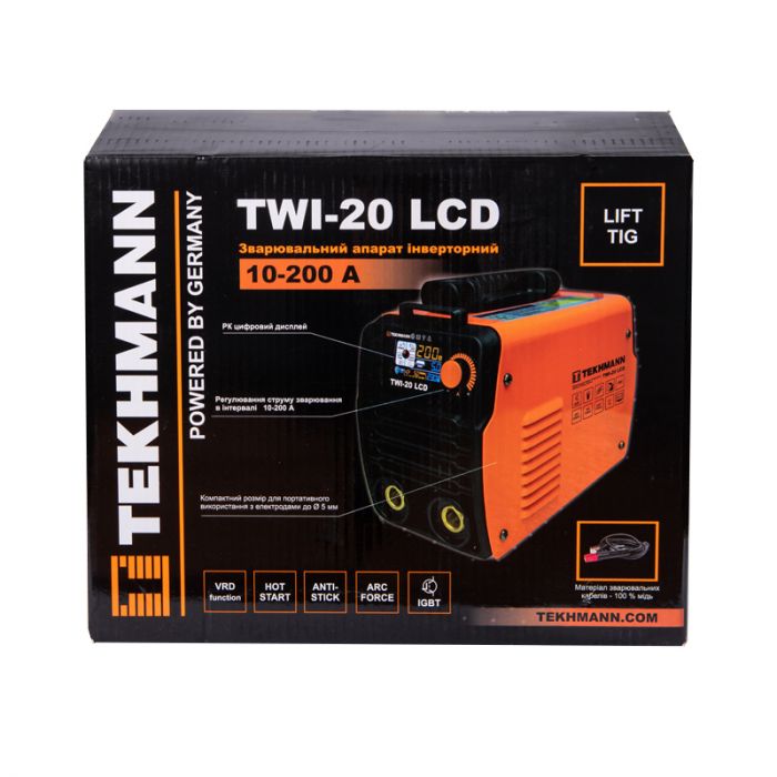 Зварювальний апарат інверторний Tekhmann TWI-20 LCD 200А 9.8кВт 220-230В Hot start 3.5кг