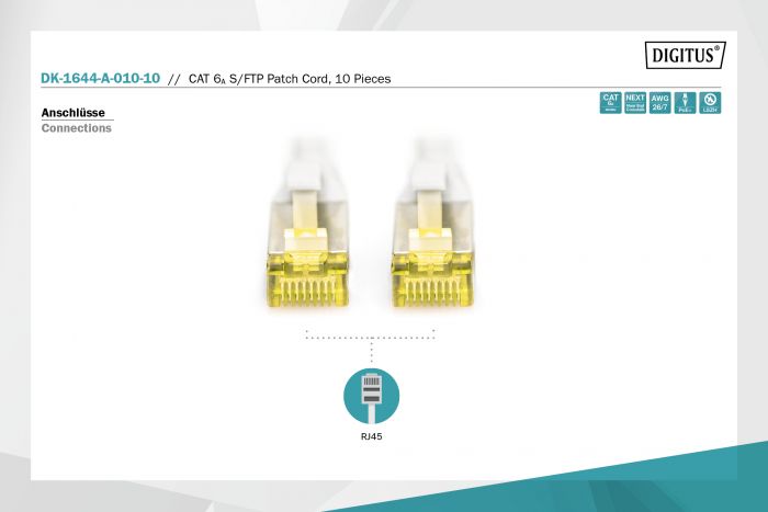 Патч-корд DIGITUS CAT 6a S-FTP, 1м, AWG 26/7, Cu, LSZH, сірий, 10шт.