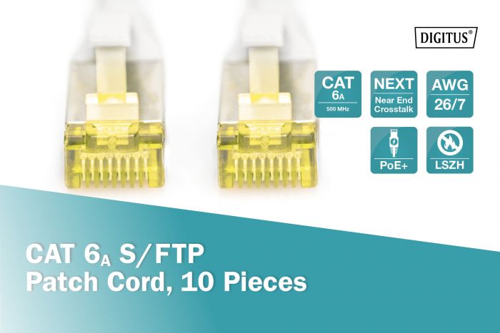 Патч-корд DIGITUS CAT 6a S-FTP, 0,5м, AWG 26/7, Cu, LSZH, сірий, 10шт.