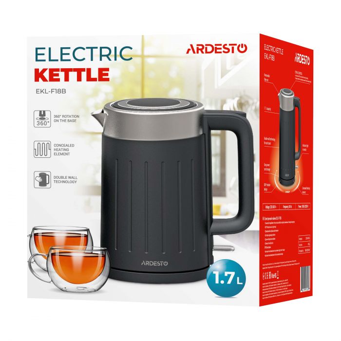 Електрочайник ARDESTO 1.7л, Strix, подвійні стінки, чорний матовий
