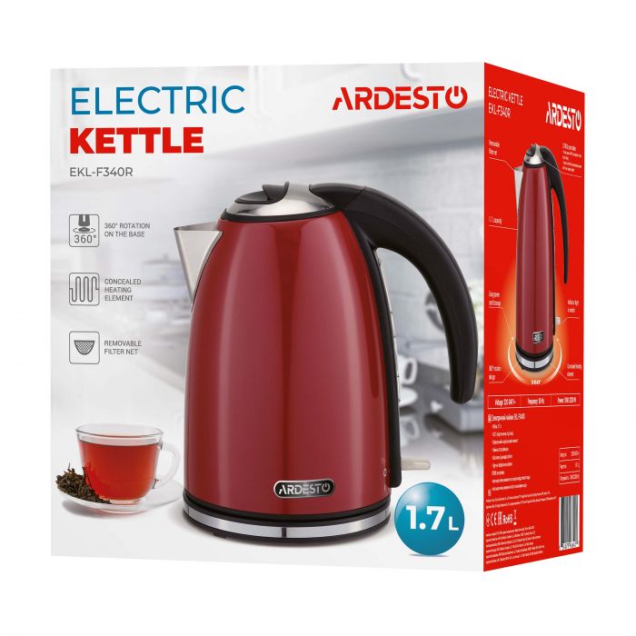 Електрочайник ARDESTO 1.7л, Strix, метал, червоний глянець