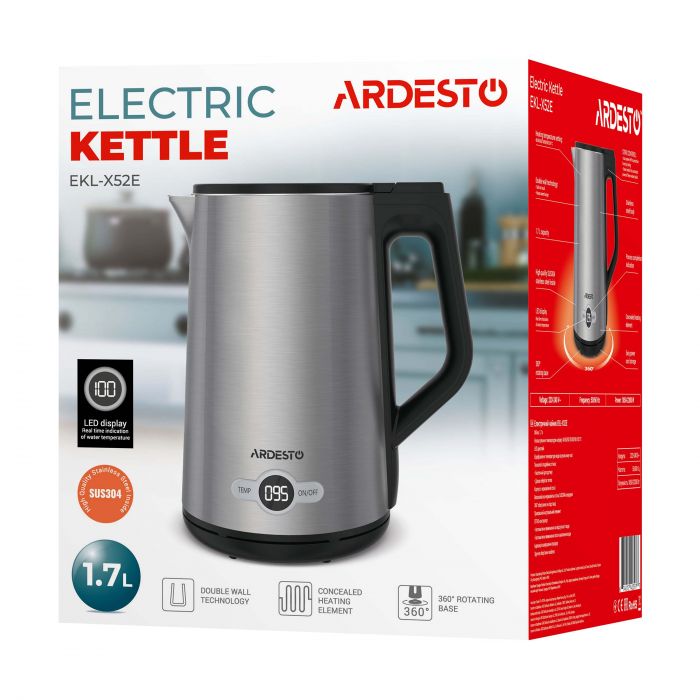 Електрочайник ARDESTO Steel Collection 1.7л, Strix, LED дисплей, подвійні стінки, сріблястий