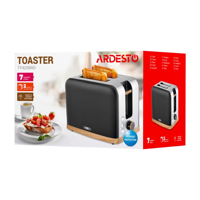 Тостер ARDESTO Wood Modern, 800Вт, метал, 2 слоти, чорний