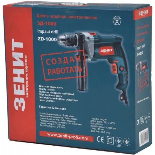 Дриль ударний Зеніт ЗД-1000 1000Вт зубчастий патрон 13мм 0-2800об·хв 1.9кг