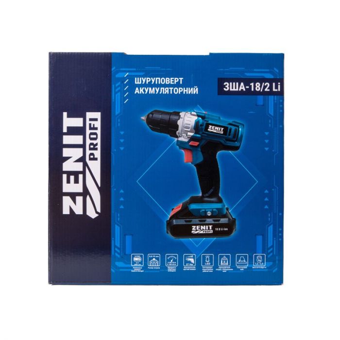 Шурупокрут-дриль акумуляторний Зеніт ЗША-18/2 Li Профі 18В 2х2А·год 27Нм 0-400·1500об·хв 1кг кейс