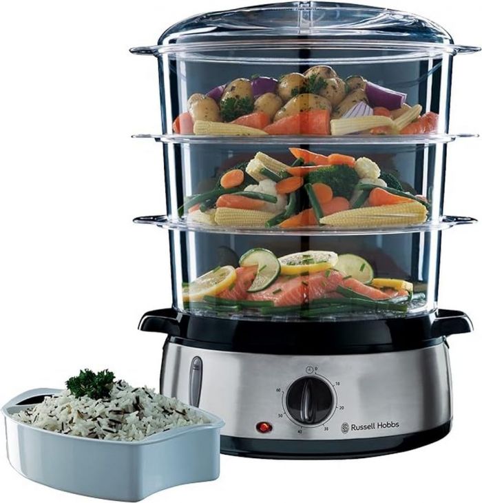 Пароварка Russell Hobbs Cook&Home 800Вт, чаша-3/3/3л, резервуар для води -1л, механічне керування, 3 яруси, метал/пластик, чорний