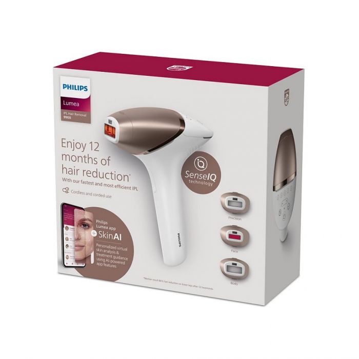 Фотоепілятор Philips Lumea IPL 9900 Series, акумуляторний , кіл-ть спалах.-450000, 2-4 см2, насадок-3, футляр, біло-золотий