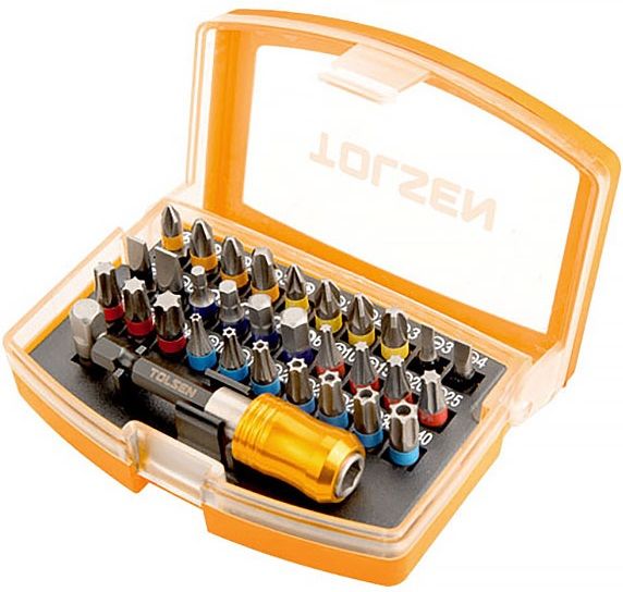 Біти Tolsen, набір 32шт, 1/4", подовжувач магнітний, SL,PH,PZ, Torx, кейс