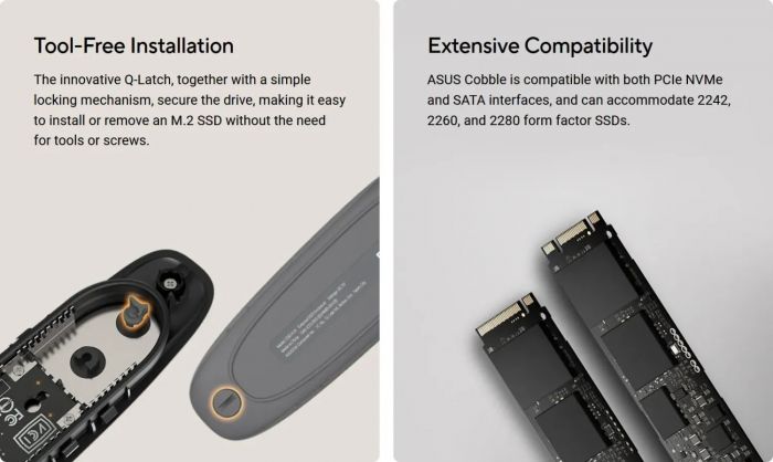 Портативний корпус ASUS для SSD COBBLE/BLK/G/AS/ESD-A1A/BLK/G/ PCIe NVMe M.2 2230/2242/2260/2280 USB Type-C 3.2 Gen 2x1