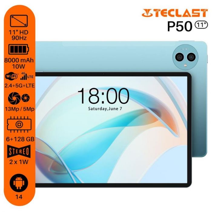 Планшет Teclast P50 11" 6ГБ, 128ГБ, LTE, 8000мА•год, Android, блакитний