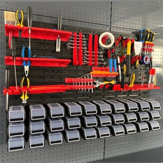 Панель підвісна з набором контейнерів, гачків та полиць Kistenberg KS_kit12, 4 панелі 57.6*1.8*39см, 30 контейнерів, 40 гічків, 4 полиці, пластик