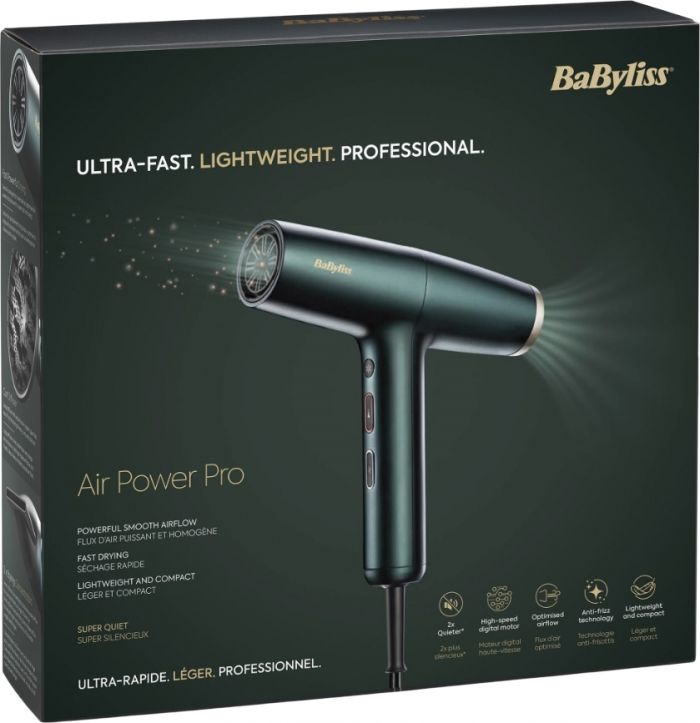 Фен Babyliss Air Power Pro, 1700Вт, 3 режими, дифузор, іоніз-я, хол. обдув, зелений