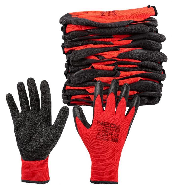 Рукавички робочі Neo Tools комплект 12шт, поліестер з латексним покриттям, р.11, червоно-чорний