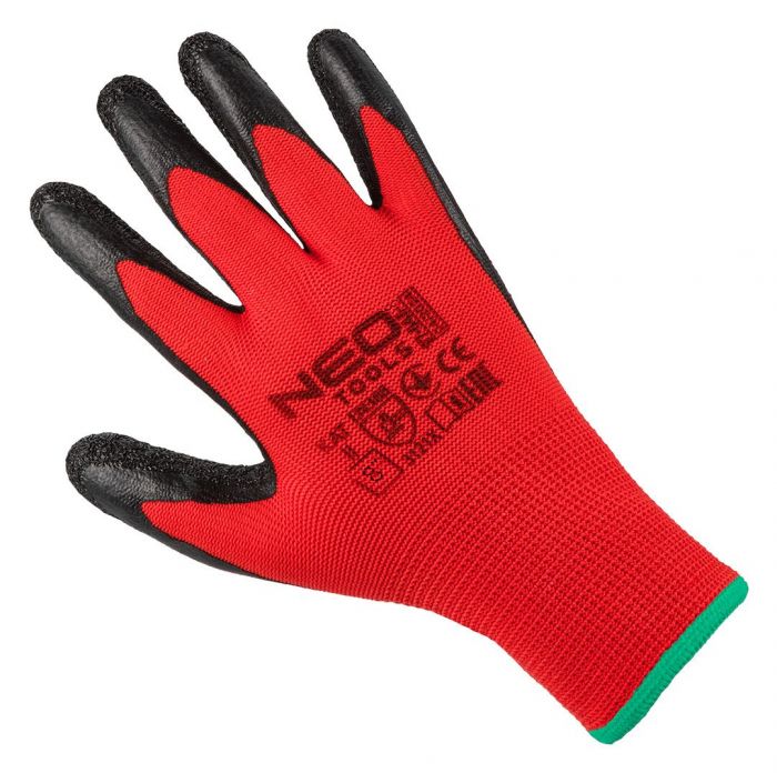 Рукавички робочі Neo Tools комплект 12шт, поліестер з латексним покриттям, р.8, червоно-чорний