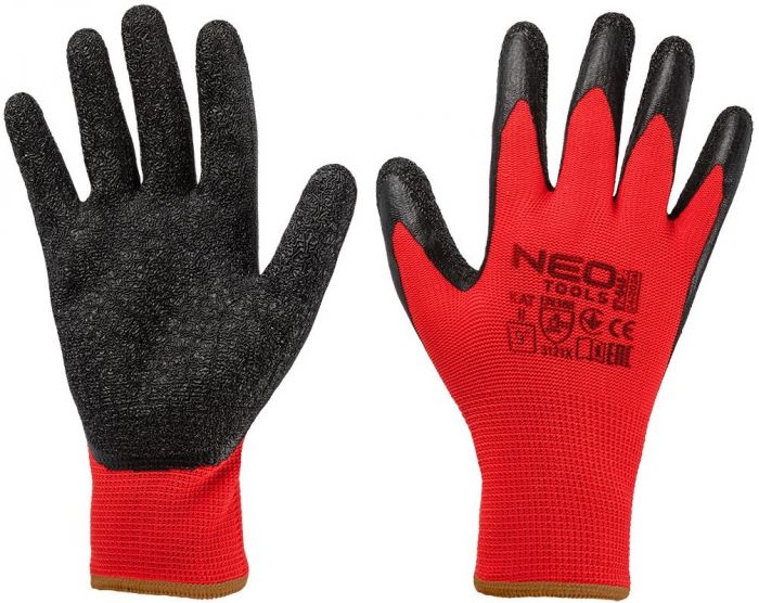 Рукавички робочі Neo Tools комплект 12шт, поліестер з латексним покриттям, р.9, червоно-чорний