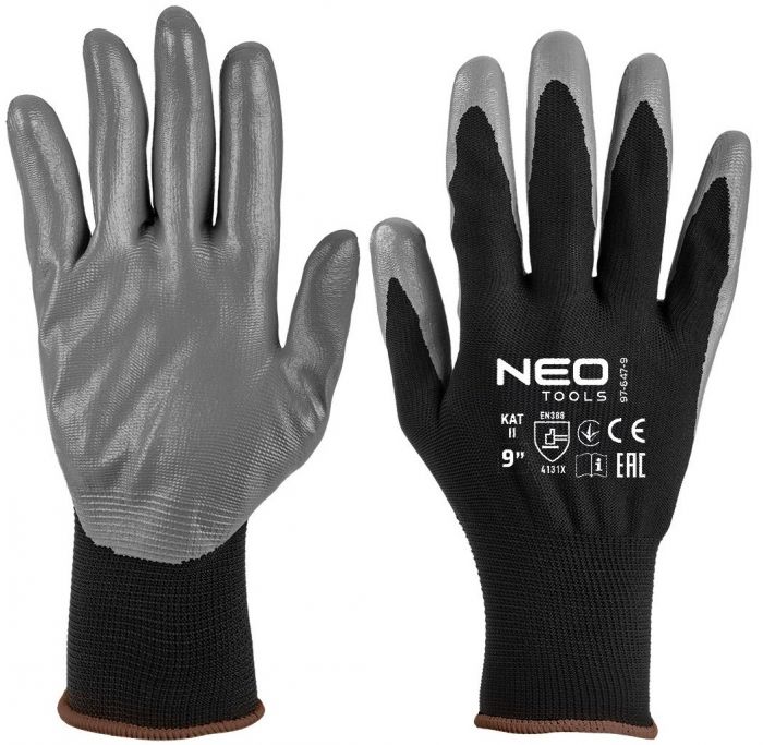 Рукавички робочі Neo Tools комплект 12шт, поліестер з нітриловим покриттям, р.9, сіро-чорний