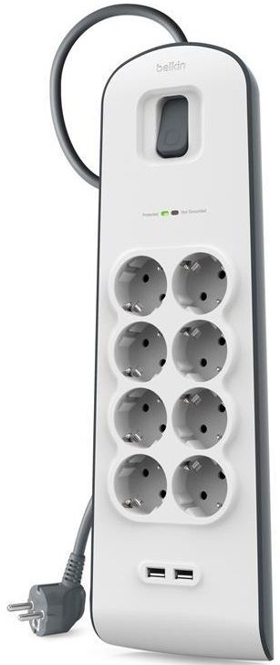 Подовжувач-фільтр мережевий Belkin 8хТип F, 3x1.5мм кв, 16А, 2xUSB-A 2.4A, з захистом від перенапруги, 2м, білий