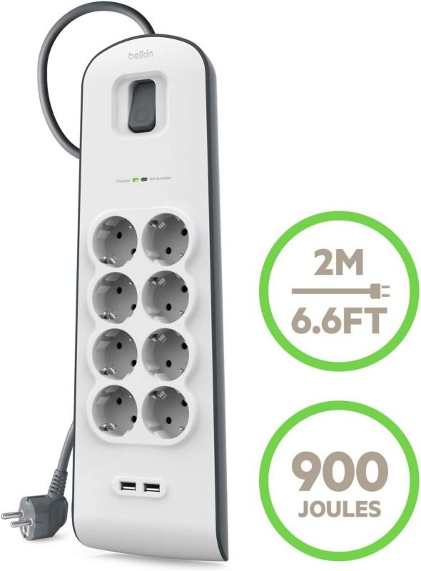 Подовжувач-фільтр мережевий Belkin 8хТип F, 3x1.5мм кв, 16А, 2xUSB-A 2.4A, з захистом від перенапруги, 2м, білий
