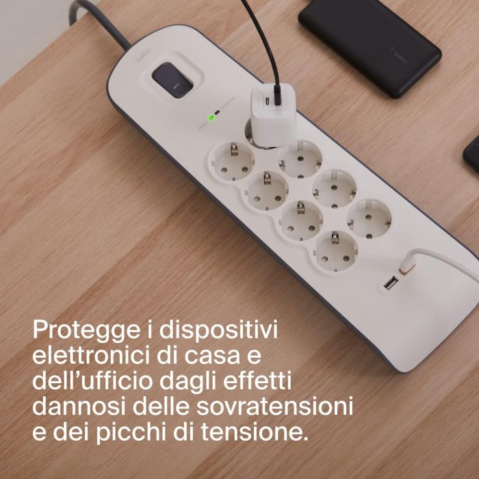 Подовжувач-фільтр мережевий Belkin 8хТип F, 3x1.5мм кв, 16А, 2xUSB-A 2.4A, з захистом від перенапруги, 2м, білий