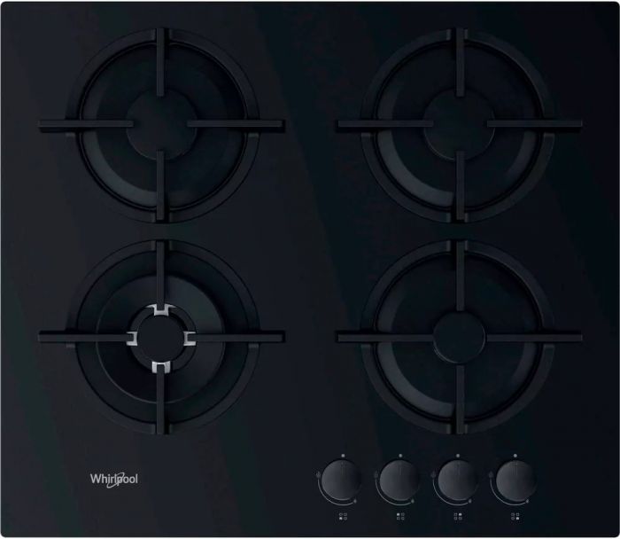 Варильна поверхня Whirlpool газова на склі, 60см, чавун, конфорка з подвійним рядом полум'я, чорний