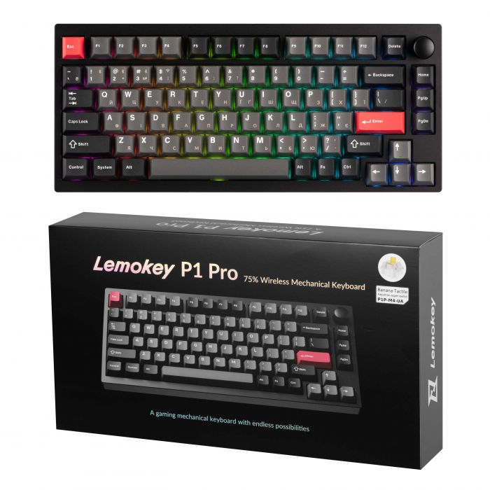 Клавіатура механічна Lemokey  P1 Pro 84Key, Keychron Super Banana, WL/BT/USB-A, QMK/VIA, Hot-Swap, EN/UKR, RGB,  Knob, Carbon Black