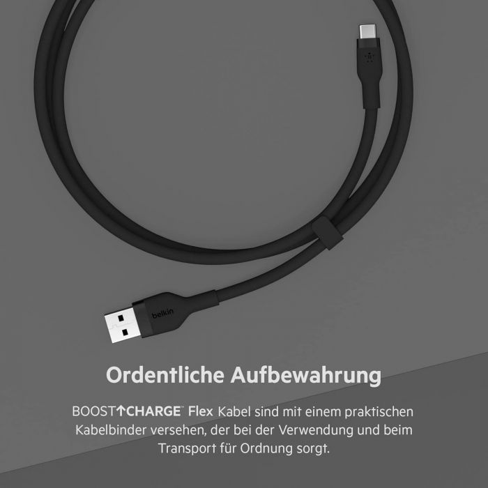 Кабель USB-A > USB-C заряджання/синхронізації Belkin 3м, 60Вт, Type-C, силіконовий з кліпсою, чорний