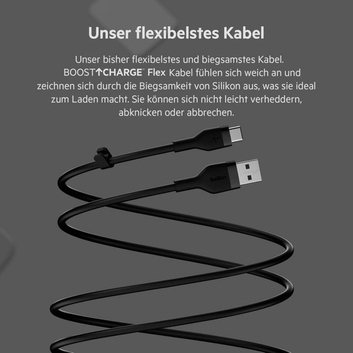 Кабель USB-A > USB-C заряджання/синхронізації Belkin 3м, 60Вт, Type-C, силіконовий з кліпсою, чорний