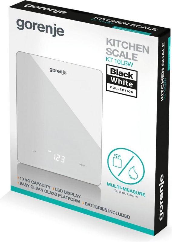 Ваги Gorenje кухонні, 10кг, AAAx3 в комплекті, дисплей, скло, білий