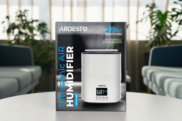 Зволожувач повітря ARDESTO USH-H-26W ультразвуковий, 25м2, 3.1л, 250мл/г, електр. кер-ння, верх. залив води, дисплей, білий