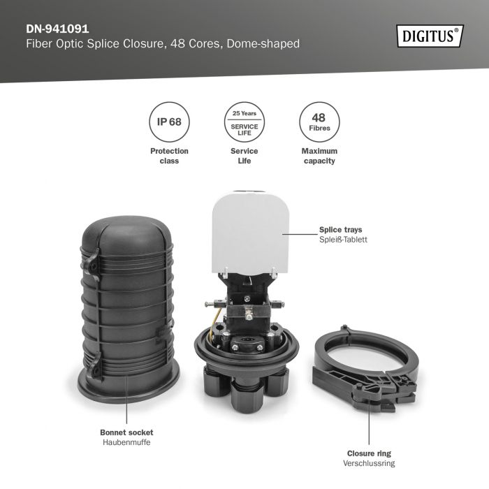 Муфта DIGITUS оптична, герметична, 4 кабельних вводи,  4 касети, до 48 зварок