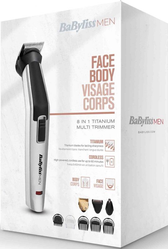 Набір для стрижки Babyliss, для бороди, вусів, голови, носа і тіла, акум., вібраційний мотор, насадок-8, чохол, сталь, сірий