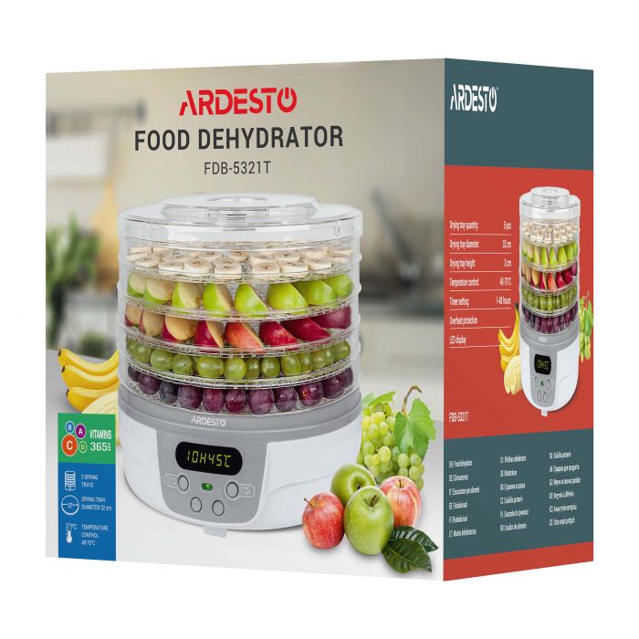 Сушарка для продуктів ARDESTO FDB-5321T, 250Вт, піддонів -5x3см, діаметр-32см, макс-70°С, таймер, електр. управління, пластик , білий