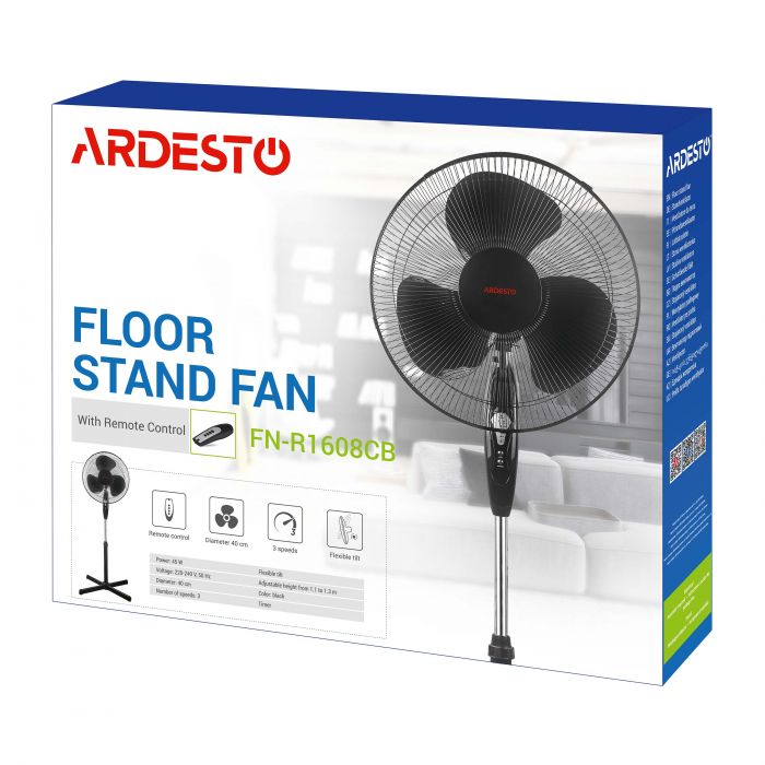 Вентилятор ARDESTO FN-R1608CB підлоговий, 40см, 45Вт, пульт ДК, опора хрестовина, чорний