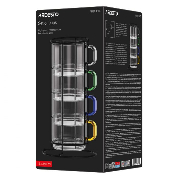 Набір чашок з ручками ARDESTO 350мл, 4шт, боросилікатне скло, прозорий