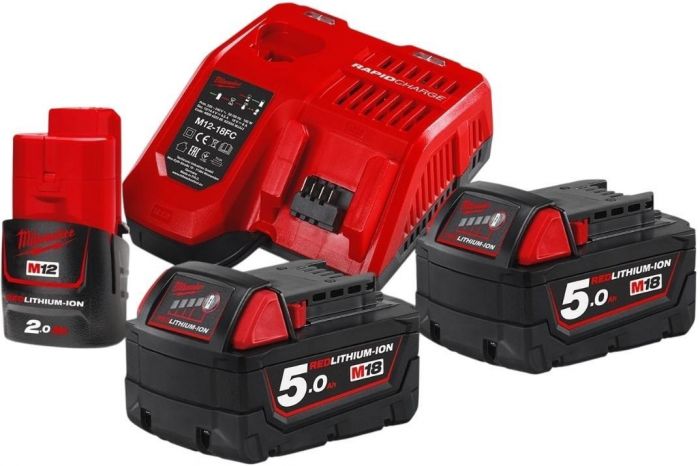 Набір акумулятора та зарядного пристрою Milwaukee NRG-502 12В 1х2А·год Redlithium M12, 18В 2х5А·год Redlithium M18, ЗП M12-18FC