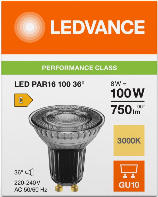 Лампа LEDVANCE GU10 8Вт 3000K 750Лм MR16 димується