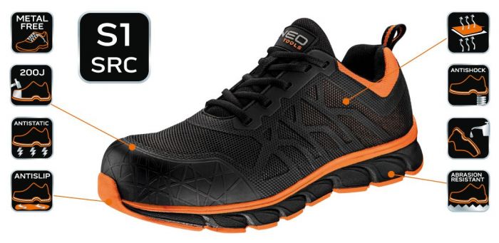 Кросівки робочі Neo Tools, ударопоглинання, композитний підносок, S1, SRC, СЕ, р.40(26.7см), чорно-помаранчевий