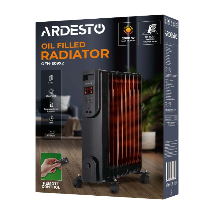 Обігрівач оливний ARDESTO OFH-E09X2 20м2, 2000Вт, електр. упр-ння, 9 секцій, пульт ДК, чорний