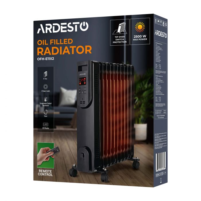 Обігрівач оливний ARDESTO OFH-E11X2 25м2, 2500Вт, електр. упр-ння, 11 секцій, пульт ДК, чорний