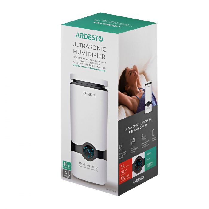 Зволожувач повітря ARDESTO USH-M-LCD-4L-W ультразвуковий, 40м2, 4л, 300мл/г, електр. кер-ння, пульт ДК, верх. залив води, білий