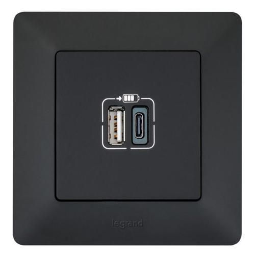 Зарядний пристрій з двома USB-роз'ємами тип А+типС Valena LIFE , 240V, 5V, 3A,  матовий чорний