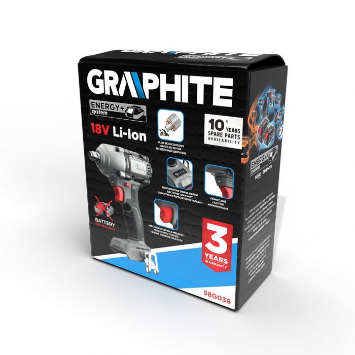 Гайковерт ударний GRAPHITE Energy+ 18В безщітковий 2600об·хв 450Нм 1/2" 3 швидкості 1.24кг без АКБ та ЗП