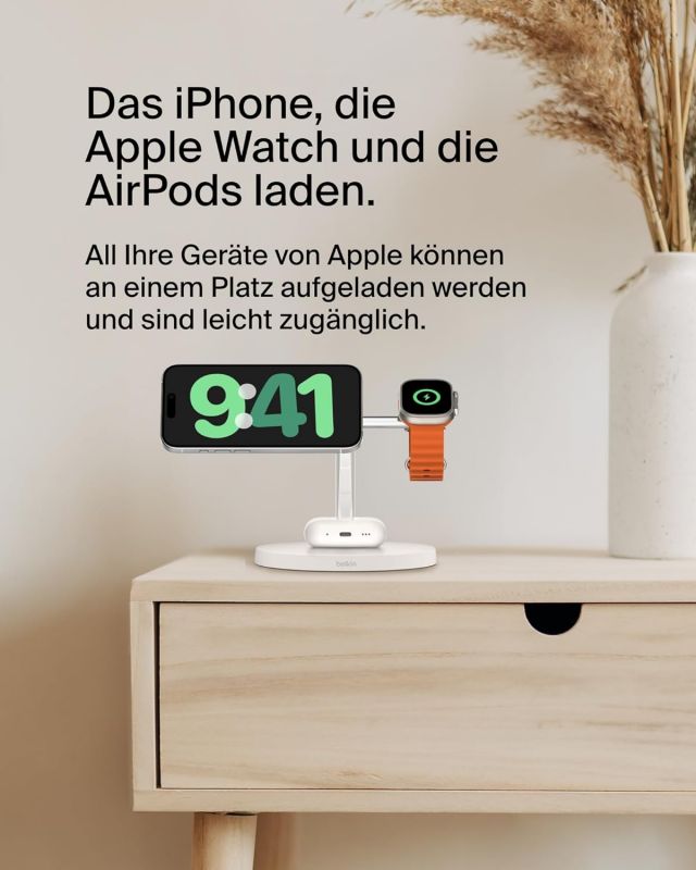 Зарядний пристрій бездротовий Belkin 3в1 Magnetic Pad Qi2 15Вт, білий